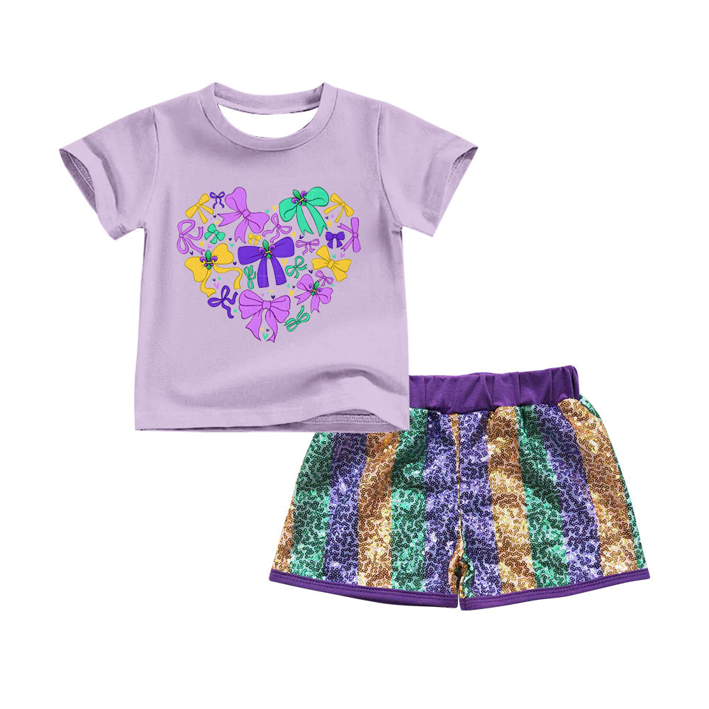 (Moq 5 ) Preorder Girls Kids Short Sleeves Bows Shirt Stripes Sequins Shorts Mardi Gras Set