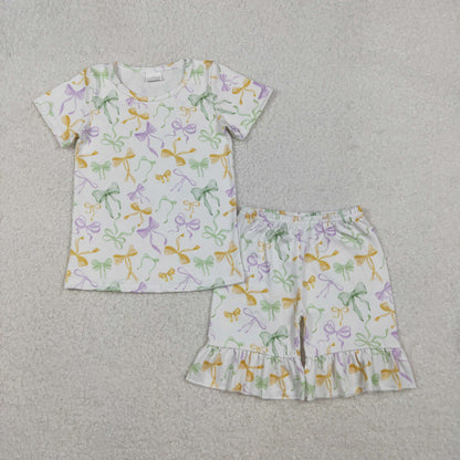 Sibling Baby Girls Adult Women Mardi Gras Bows Clothes Mommy and Me Shorts Set RTS