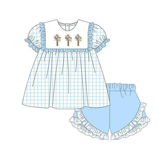 ( Moq 5 ) Preorder Girls Kids Flower Cross Plaid Tunic Blue Shorts Easter Set