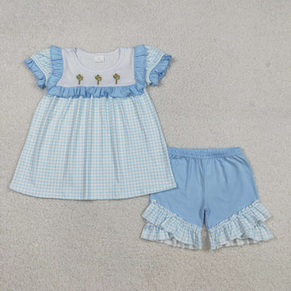Sibling Baby Girls Kids Short Sleeves Embroidery Flower Crosses Blue Plaid Easter Dress Set RTS