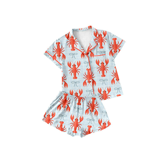 ( Moq 5 ) Preorder Girls Kids Short Sleeves Crawfish Plaid Pocket Buttons Shirt Shorts Set
