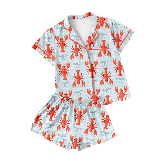 ( Moq 5 ) Preorder Adult Women Short Sleeves Crawfish Plaid Pocket Buttons Shirt Shorts Set