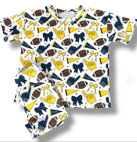 ( Moq 5 ) Preorder Girls Kids Short Sleeves Cheer Bows Shirt Shorts Yellow Team Summer Clothes Set