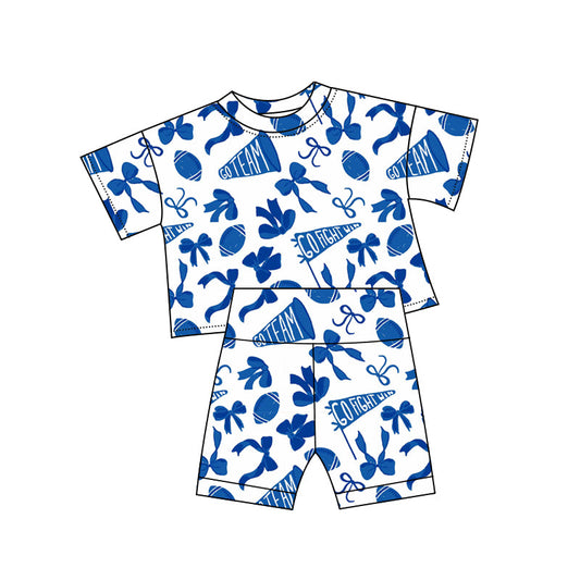 ( Moq 5 ) Preorder Girls Kids Cheer Bows Shirt Shorts Blue Team Summer Clothes Set