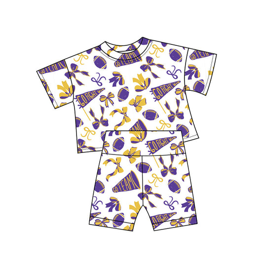 ( Moq 5 ) Preorder Girls Kids Cheer Bows Shirt Shorts Purple Team Summer Clothes Set