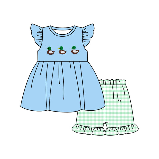 ( Moq 5 ) Preorder Girls Kids Short Sleeves Ducks Tunic Plaid Shorts Set