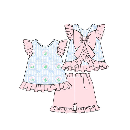 ( Moq 5 ) Preorder Girls Kids Short Sleeves Flower Bows Stripes Ruffle Tops Shorts Clothes Set
