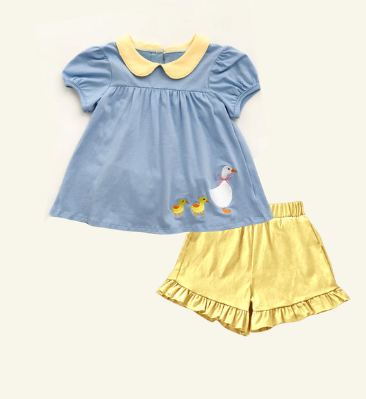 ( Moq 5 ) Preorder Baby Girls Kids Short Sleeves Ducks Tops Yellow Shorts Outfit Clothes Set