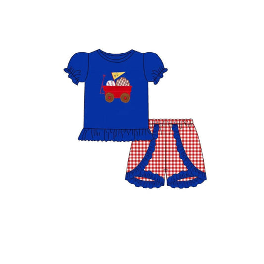 ( Moq 5 ) Preorder Baby Girls Kids Short Sleeves Baseball Blue Shirt Ruffle Plaid Shorts Clothes Set