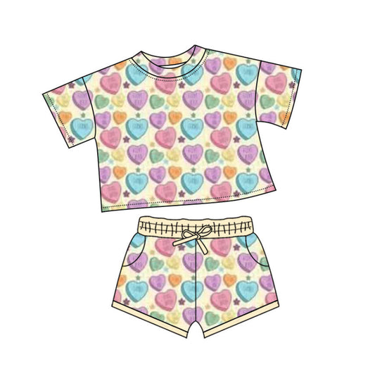 ( Moq 5 ) Preorder Girls Kids Short Sleeves Hearts Stars Shirt Pockets Shorts Valentine Outfit