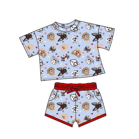 ( Moq 5 ) Preorder Baby Kids Short Sleeves Dogs Hearts Shirt Pockets Shorts Valentine Set