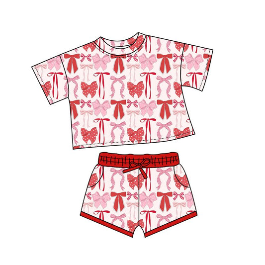( Moq 5 ) Preorder Girls Kids Short Sleeves Hearts Bows Shirt Pockets Shorts Valentine Set