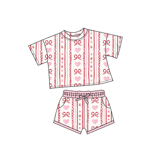 ( Moq 5 ) Preorder Girls Kids Short Sleeves Hearts Bows Floral Shirt Pockets Shorts Valentine Set