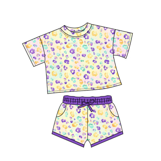 ( Moq 5 ) Preorder Girls Kids Short Sleeves Leopard Tops Pockets Shorts Mardi Gras Set
