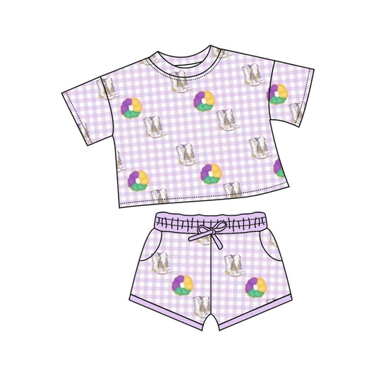 ( Moq 5 ) Preorder Girls Kids Short Sleeves Donuts Boots Tops Pockets Shorts Mardi Gras Set