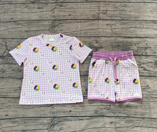 ( No moq ) Preorder Girls Kids Short Sleeves Donuts Boots Shirt Pockets Shorts Mardi Gras Set