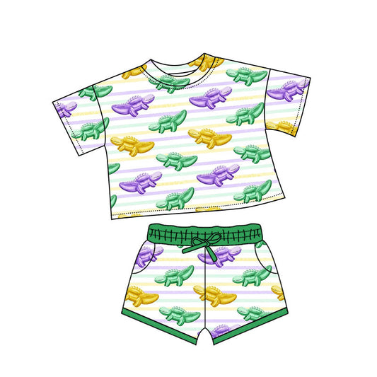 ( Moq 5 ) Preorder Girls Kids Short Sleeves Crocodiles Tops Pockets Shorts Mardi Gras Set