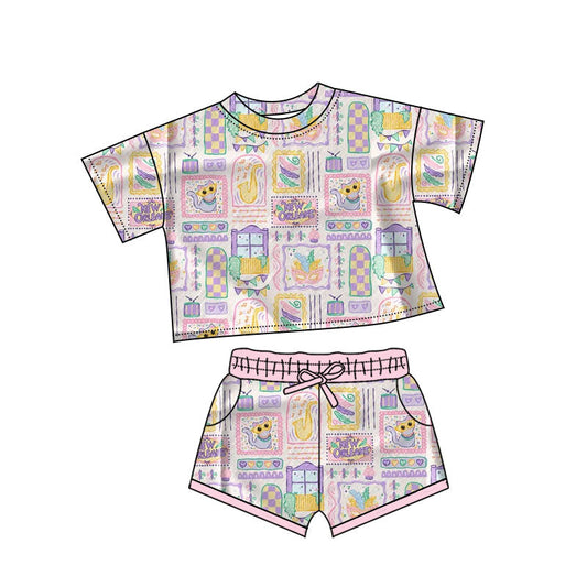 ( Moq 5 ) Preorder Girls Kids Short Sleeves Masks Shirt Pockets Shorts Mardi Gras Outfit