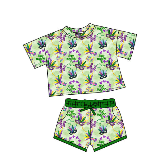 ( Moq 5 ) Preorder Girls Kids Short Sleeves Masks Shirt Pockets Shorts Mardi Gras Set