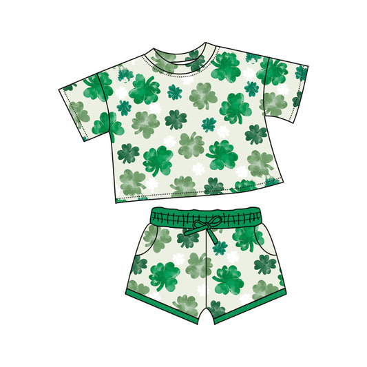 ( Moq 5 ) Preorder Baby Kids Short Sleeves Clovers Shirt Pockets Shorts St Patrick Green Set