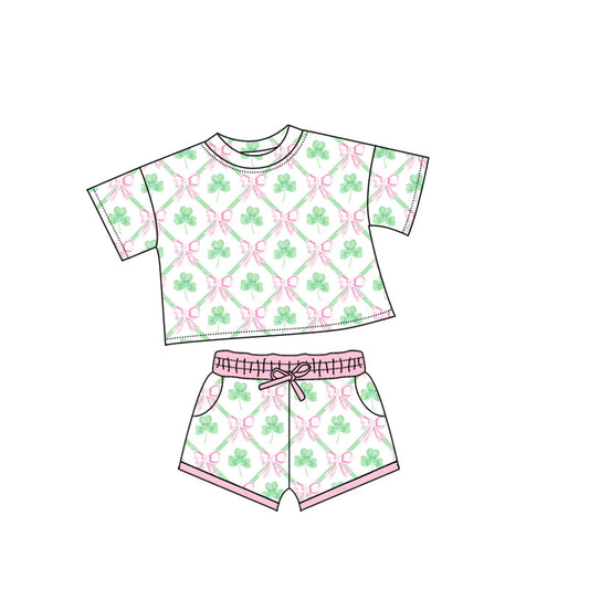 ( Moq 5 ) Preorder Baby Kids Short Sleeves Clovers Bows Shirt Pockets Shorts St Patrick Set