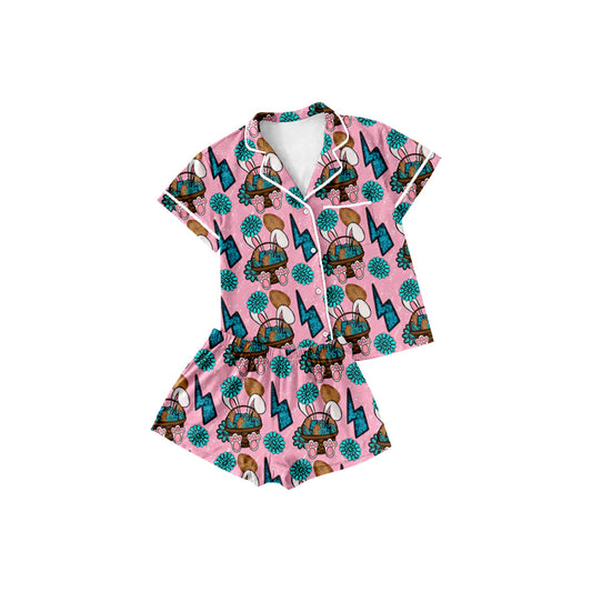 ( Moq 5 ) Preorder Baby Girls Kids Rabbits Eggs Buttons Shirt Shorts Easter Western Pajamas Set