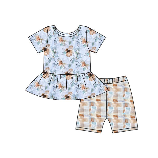 ( Moq 5 ) Preorder Baby Girls Short Sleeves Flower Tops Plaid Shorts Clothes Set