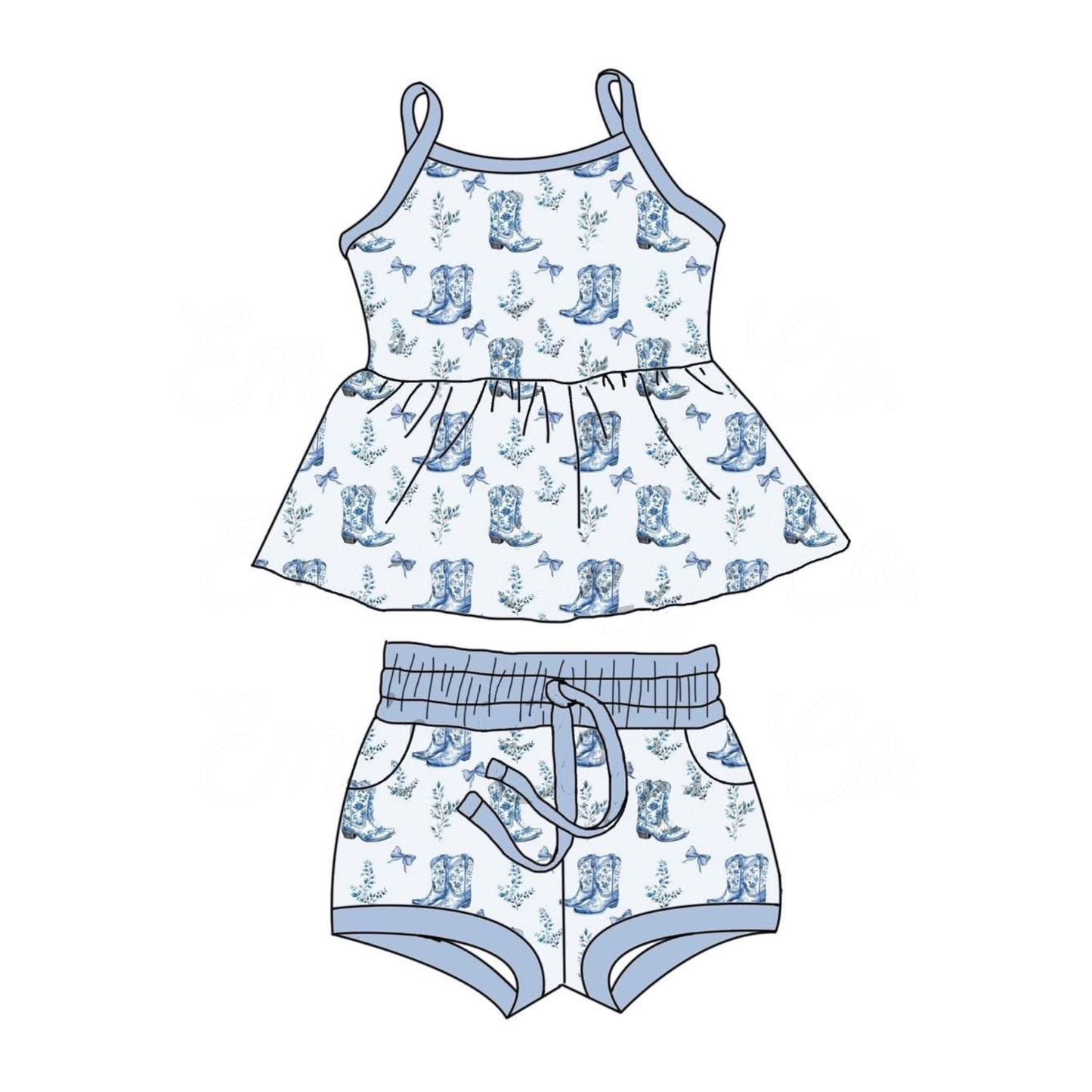 ( Moq 5 ) Preorder Baby Girls Straps Boots Bows Floral Tunic Pockets Shorts Blue Set