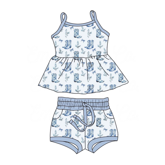 ( Moq 5 ) Preorder Baby Girls Straps Boots Bows Floral Tunic Pockets Shorts Blue Set