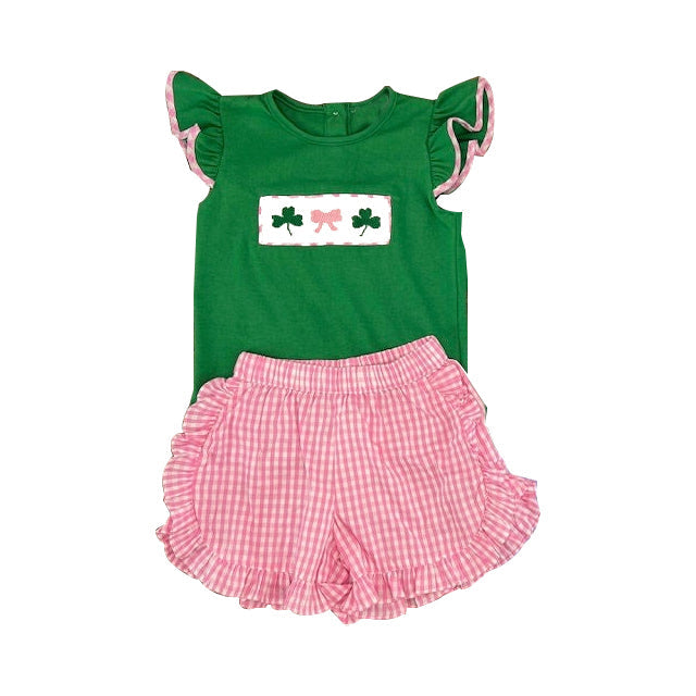 ( Moq 5 ) Preorder Baby Girls Green Short Sleeves Clovers Truck Shirt Plaid Shorts St Patrick Set