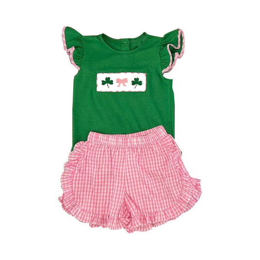 ( Moq 5 ) Preorder Baby Girls Green Short Sleeves Clovers Truck Shirt Plaid Shorts St Patrick Set