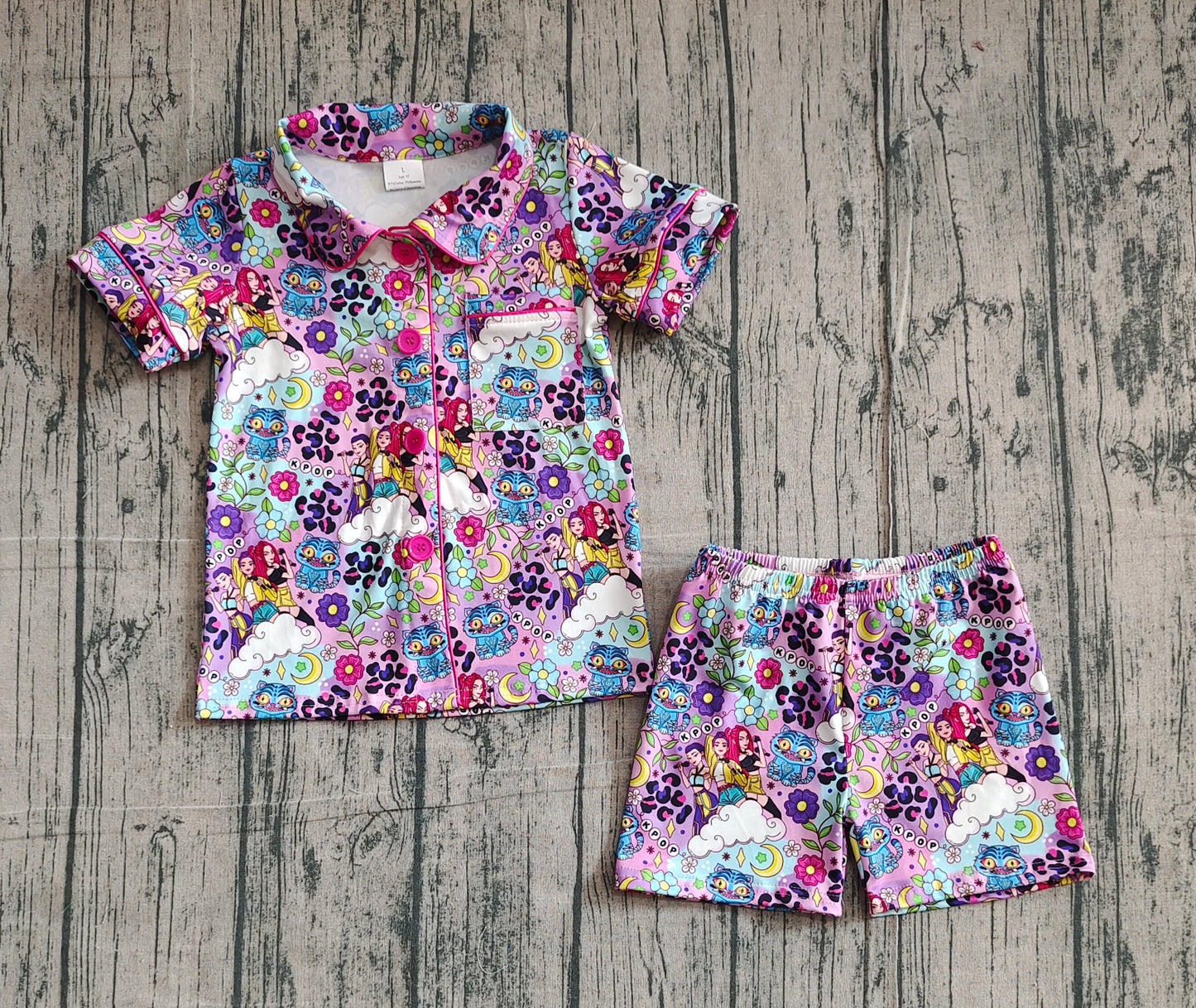 Baby Girls Leopard Tigers Music Character Pocket Buttons Shirt Shorts Pajamas Set RTS
