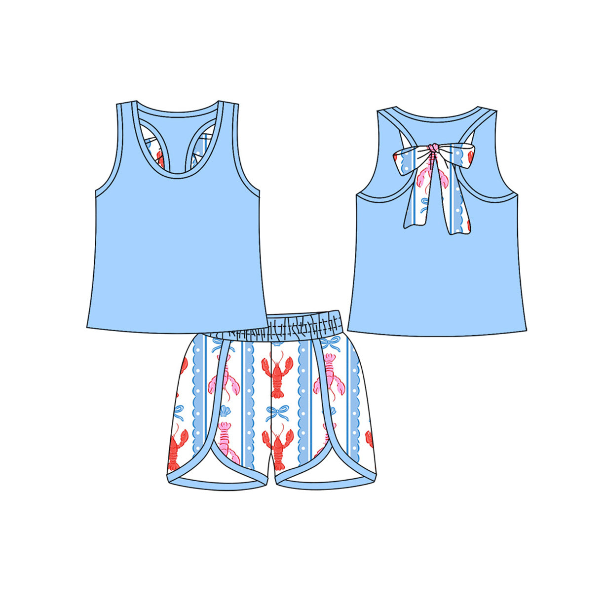 ( Moq 5 ) Prorder Baby Girls Blue Tops Bows Crawfish Shorts Easter Clothes Set