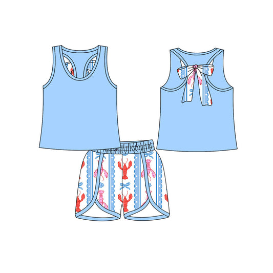 ( Moq 5 ) Prorder Baby Girls Blue Tops Bows Crawfish Shorts Easter Clothes Set