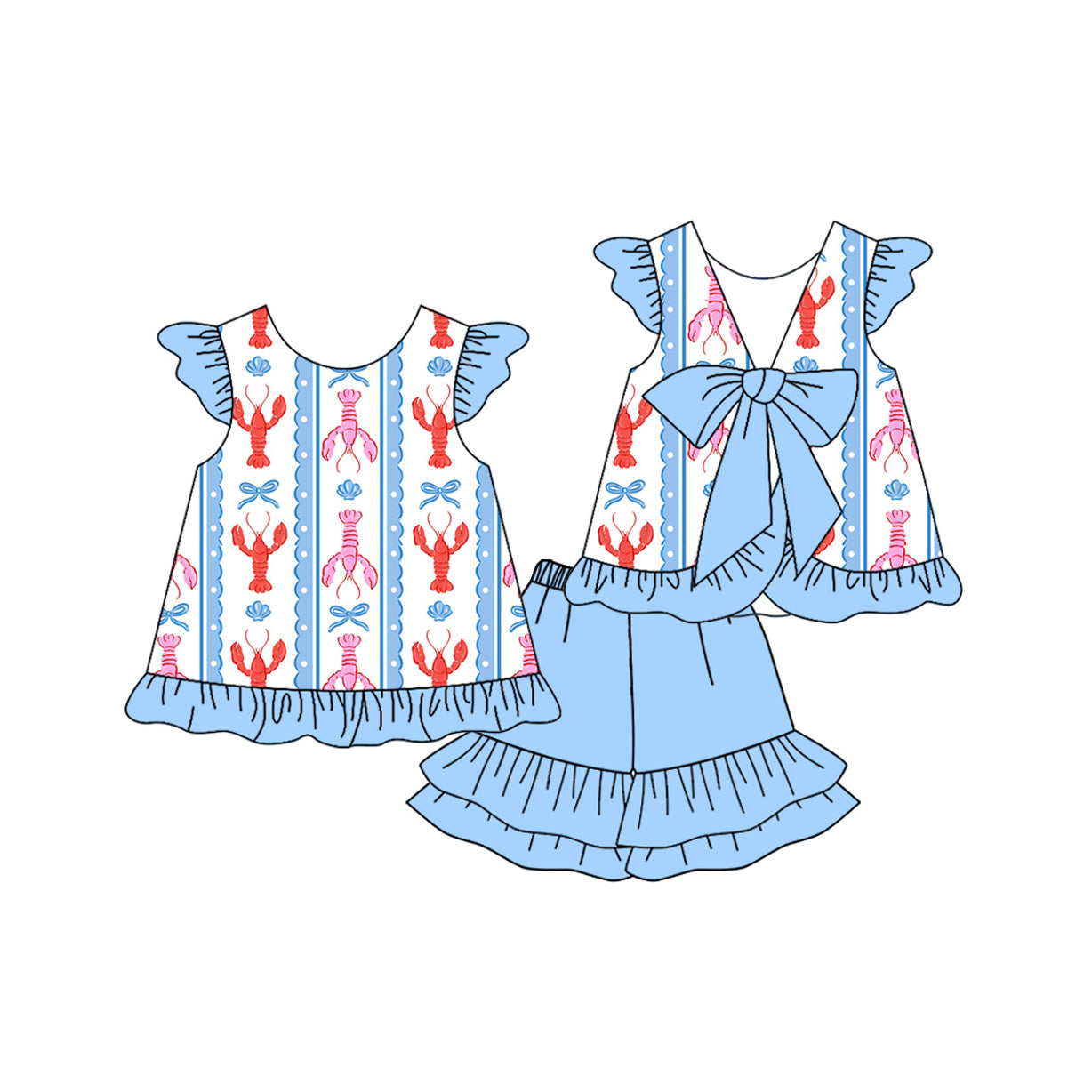 ( Moq 5 ) Prorder Baby Girls Bows Crawfish Tops Blue Ruffle Shorts Easter Clothes Set