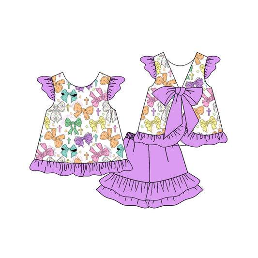 ( Moq 5 ) Prorder Baby Girls Bows Cross Tops Purple Ruffle Shorts Easter Clothes Set