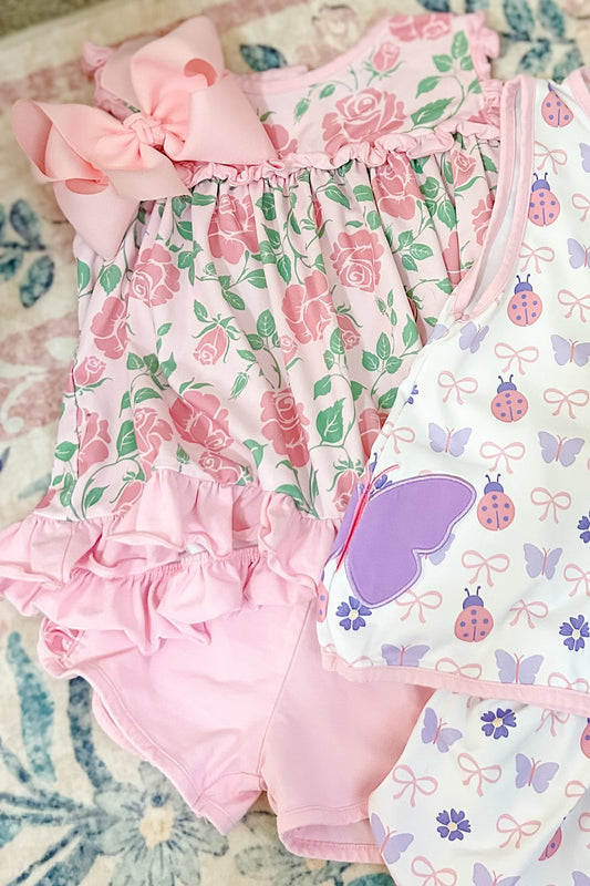 ( Moq 5 ) Preorder Baby Girls Sleeveless Flower Tops Pink Shorts Clothes Summer Set