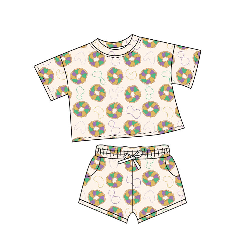 ( Moq 5 ) Preorder Baby Girls Short Sleeves Donuts Tops Pockets Short Mardi Gras Clothes Set