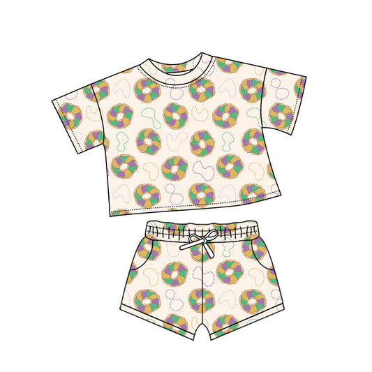 ( Moq 5 ) Preorder Baby Girls Short Sleeves Donuts Tops Pockets Short Mardi Gras Clothes Set