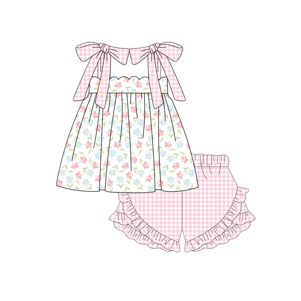 ( Moq 5 ) Preorder Baby Girls Bows Floral Tunic Ruffle Pink Shorts Clothes Set