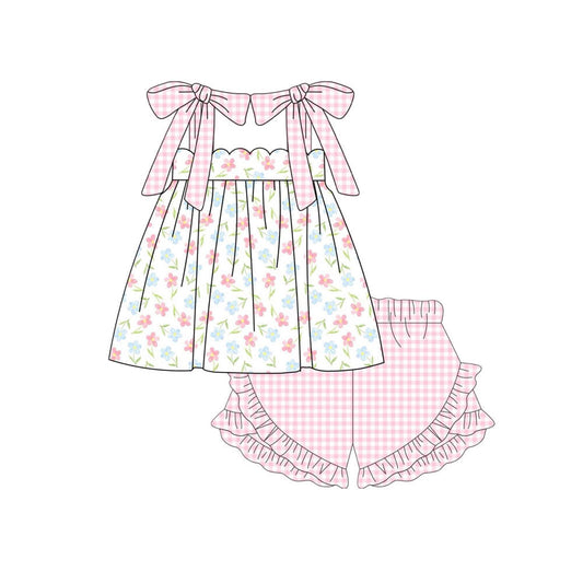 ( Moq 5 ) Preorder Baby Girls Bows Floral Tunic Ruffle Pink Shorts Clothes Set