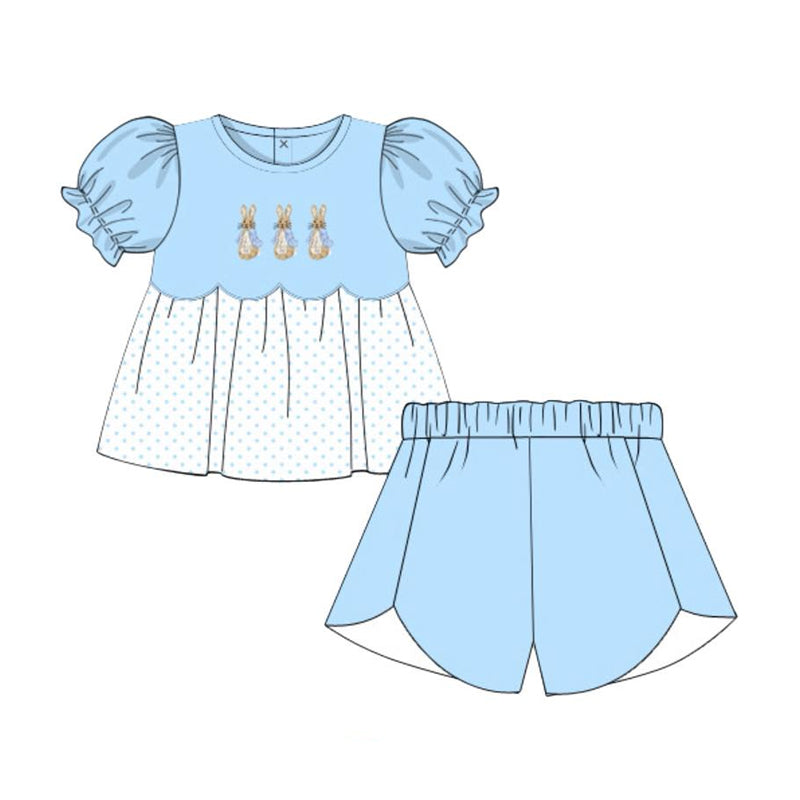 ( Moq 5 ) Preorder Baby Girls Short Sleeves Rabbits Tunic Blue Shorts Easter Clothes Set