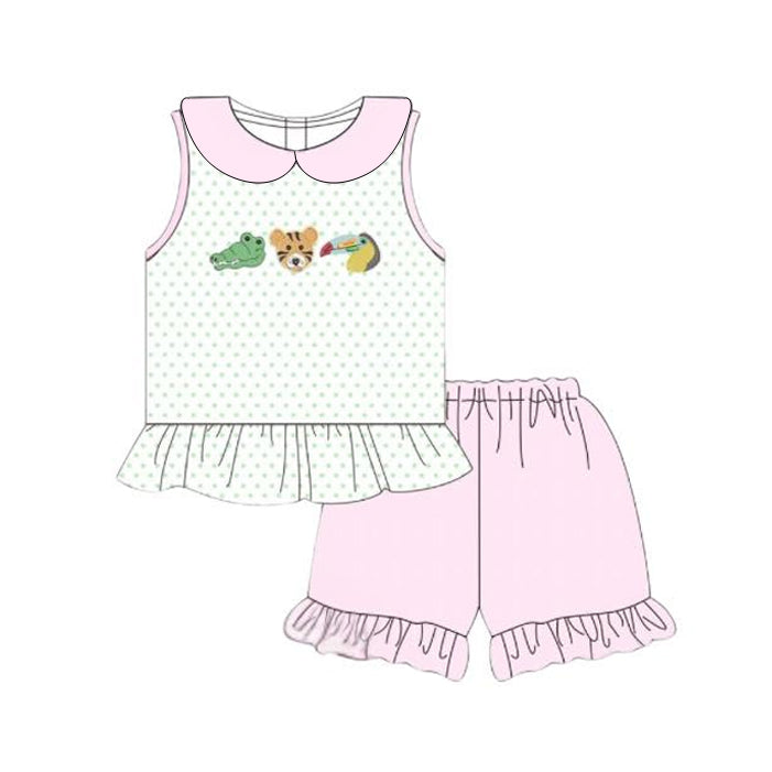( Moq 5 ) Preorder Baby Girls Sleeveless Animals Dots Tops Pink Ruffle Shorts Set
