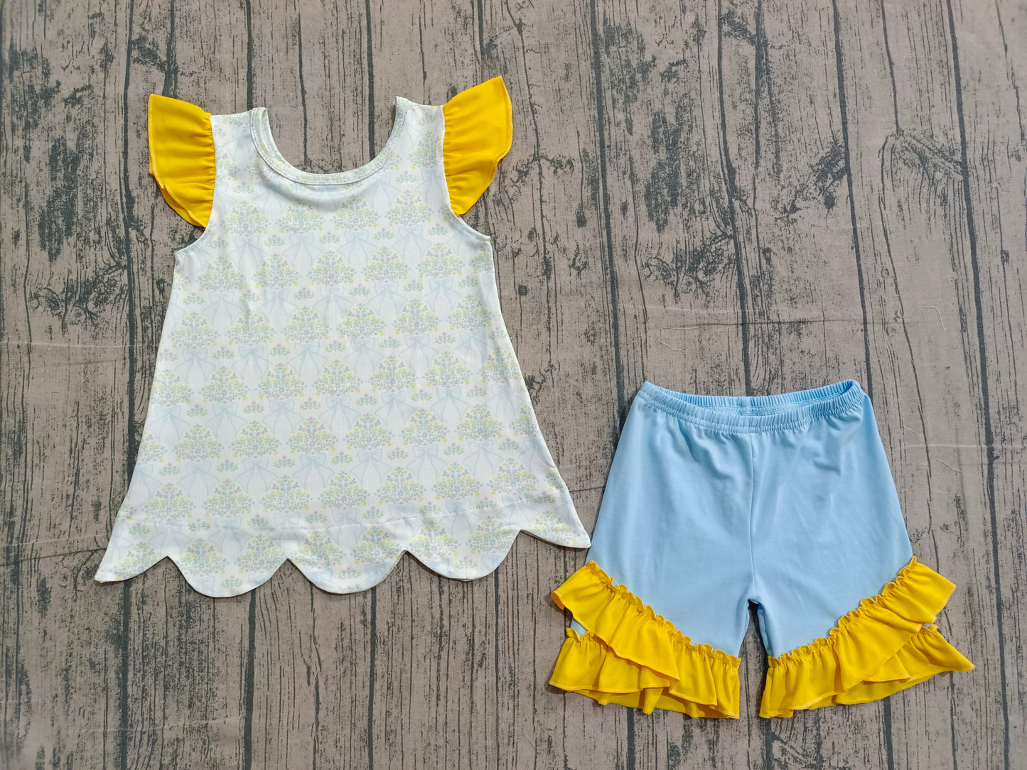 Baby Girls Short Sleeves Bows Floral Tunic Ruffle Blue Shorts Clothes Set RTS