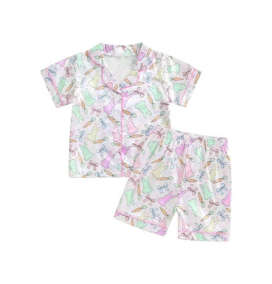 ( Moq 5 ) Preorder Baby Girls Rabbits Carrots Bows Buttons Shirt Shorts Easter Pajamas Set