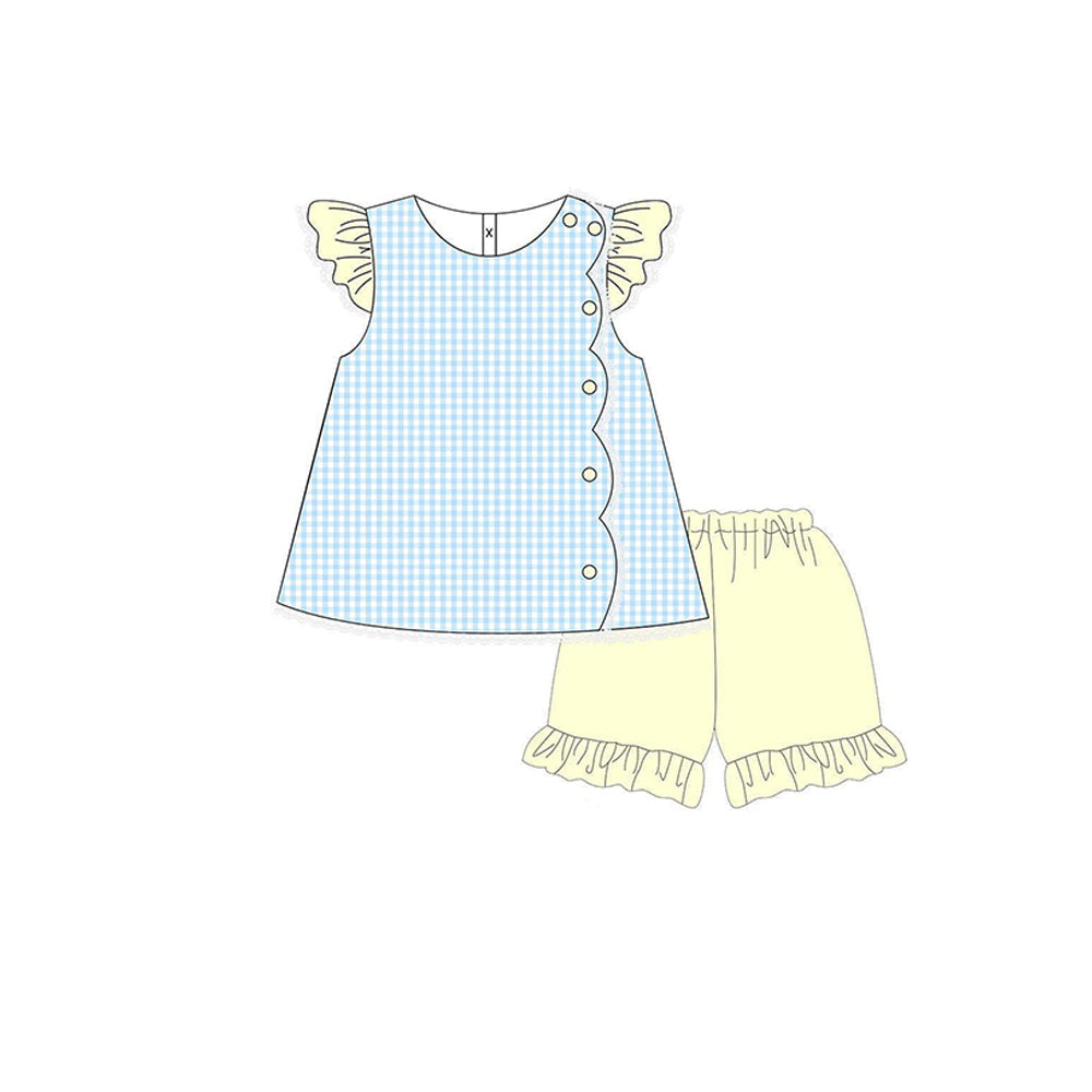 ( Moq 5 ) Preorder Baby Girls Plaid Buttons Tops Yellow Ruffle Shorts Clothes Set