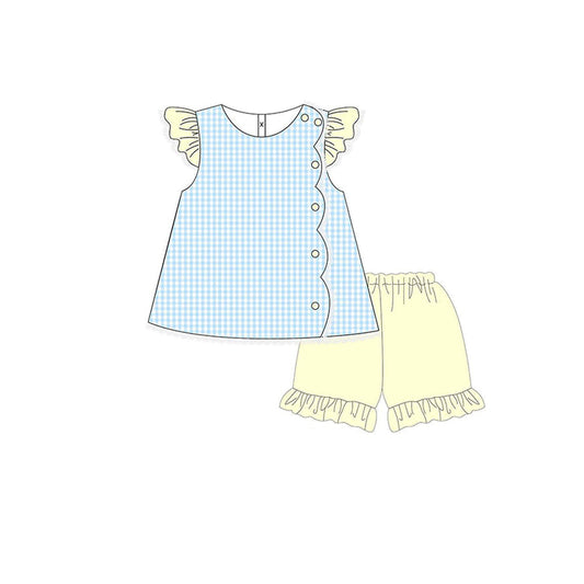 ( Moq 5 ) Preorder Baby Girls Plaid Buttons Tops Yellow Ruffle Shorts Clothes Set