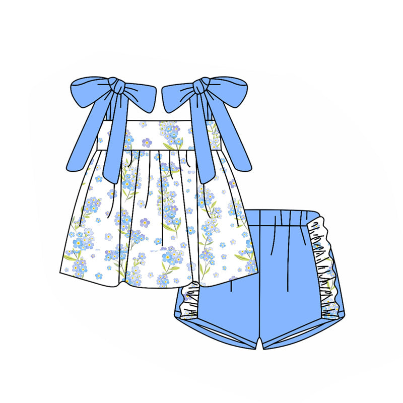 ( Moq 5 ) Preorder Baby Girls Bows Strap Flower Tunic Blue Ruffle Shorts Clothes Set