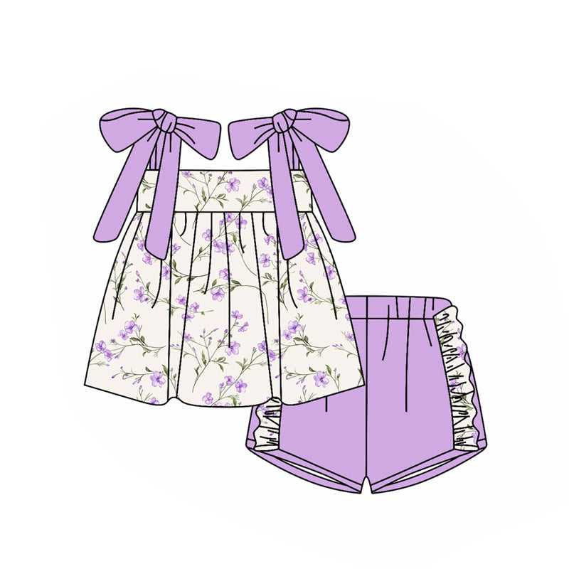 ( Moq 5 ) Preorder Baby Girls Bows Strap Floral Tunic Purple Ruffle Shorts Clothes Set