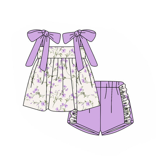 ( Moq 5 ) Preorder Baby Girls Bows Strap Floral Tunic Purple Ruffle Shorts Clothes Set
